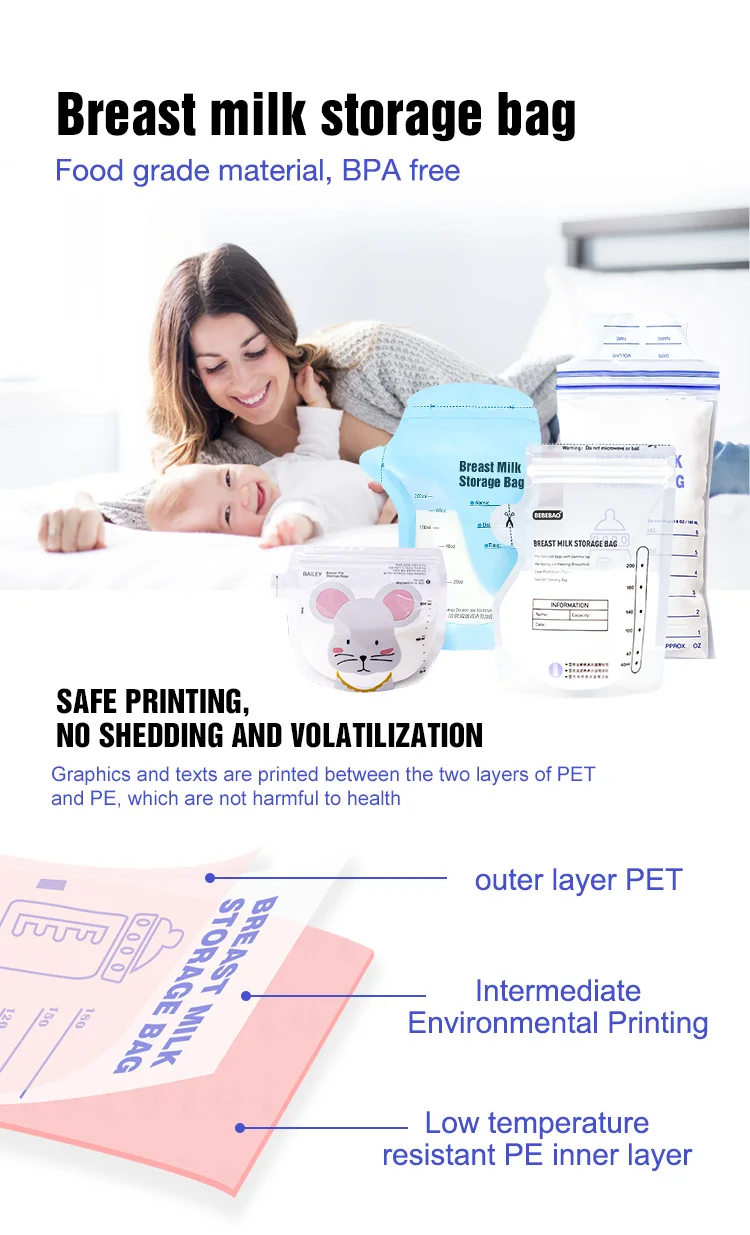 AIUDO Temperature Resistant Easy Tear Seal Double Sealing Chain Standing Base Accurate Capacity Pre-Sterilized Breast Milk Bag
