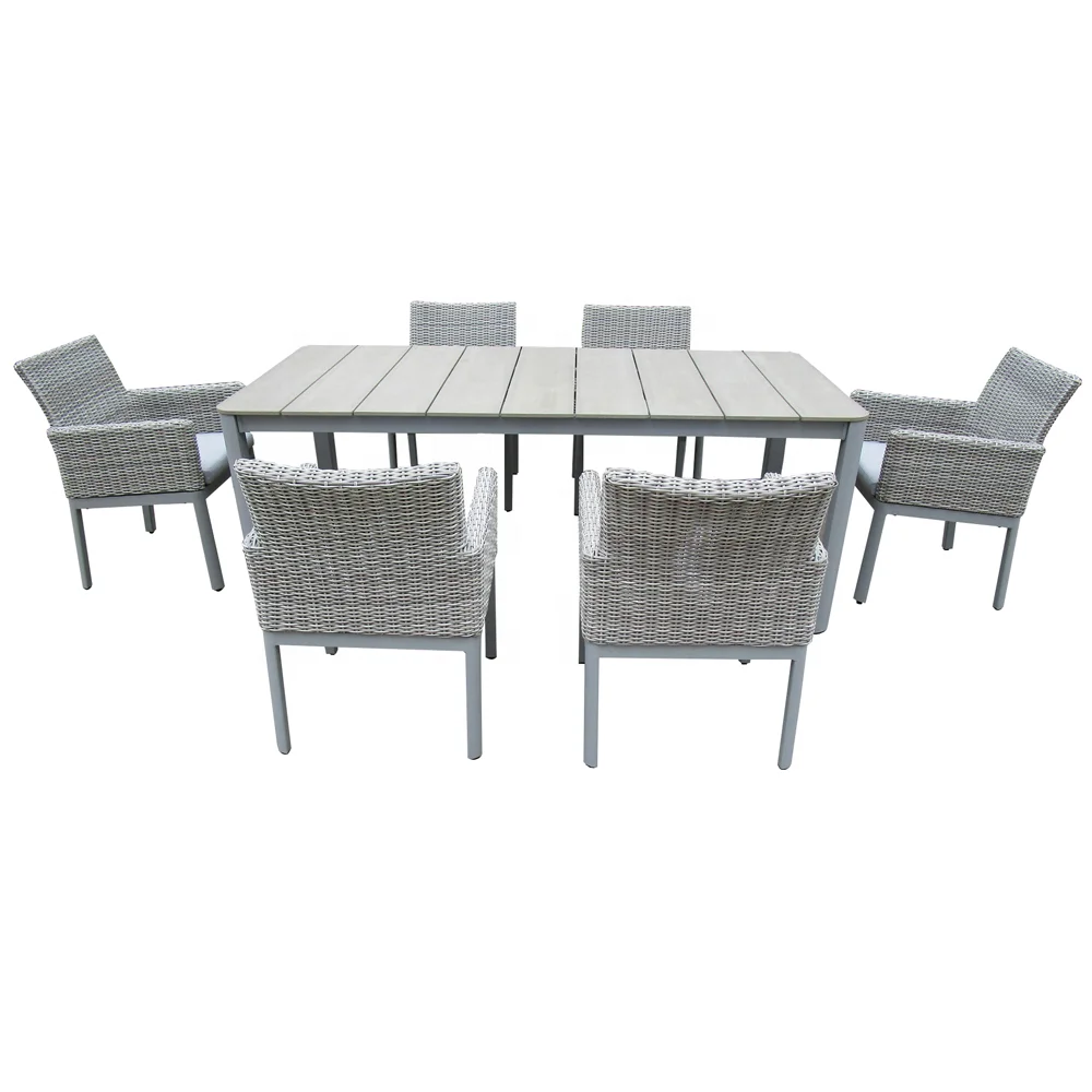 Садовые плетеные уличные обеденные наборы, топ из 7 предметов, прямоугольные столы и стулья из ротанга, мебель для патио, современная алюминиевая рама