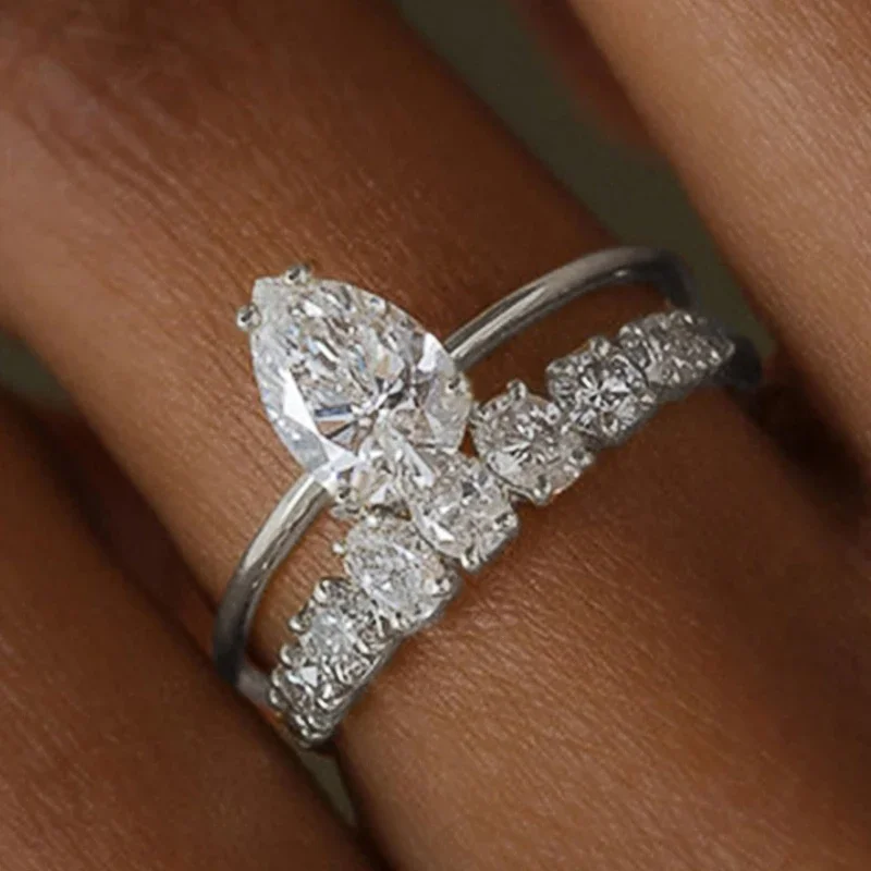 CAOSHI OEM Novel Design Pear And Oval Cubic Zirconia 2Pcs Set Finger Rings For Wedding Silver/Gold Plated CZ Rings Women Jewelry