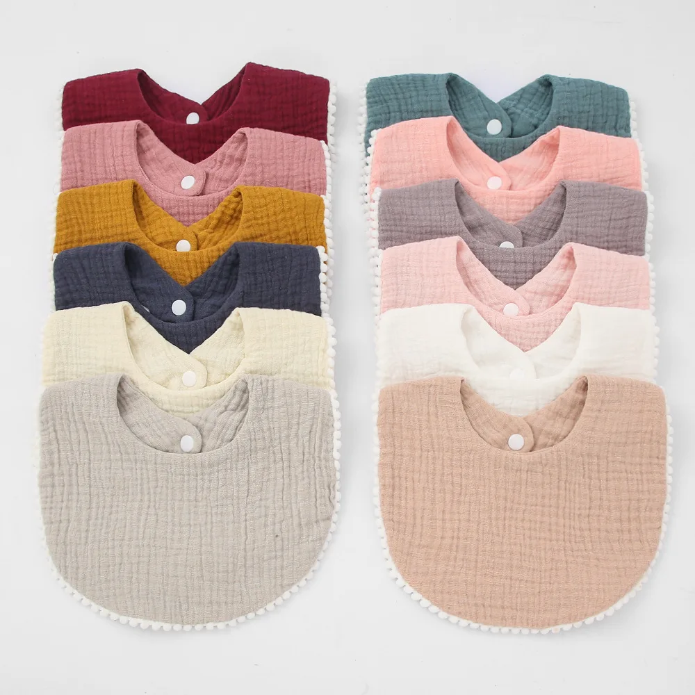 Solid Color Soft Organic Muslin Cotton Baby Bib For Newborns Feeding Blank Baby Bibs Cotton Pompom Trim Muslin Baby Bib