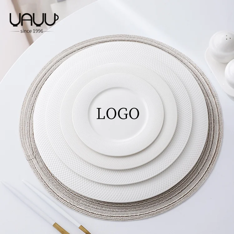 Custom Logo Printed White Porcelain Dinner Plates Round Flat And Dishes Ceramic Plates For Restaurants Cutlery Can Plato