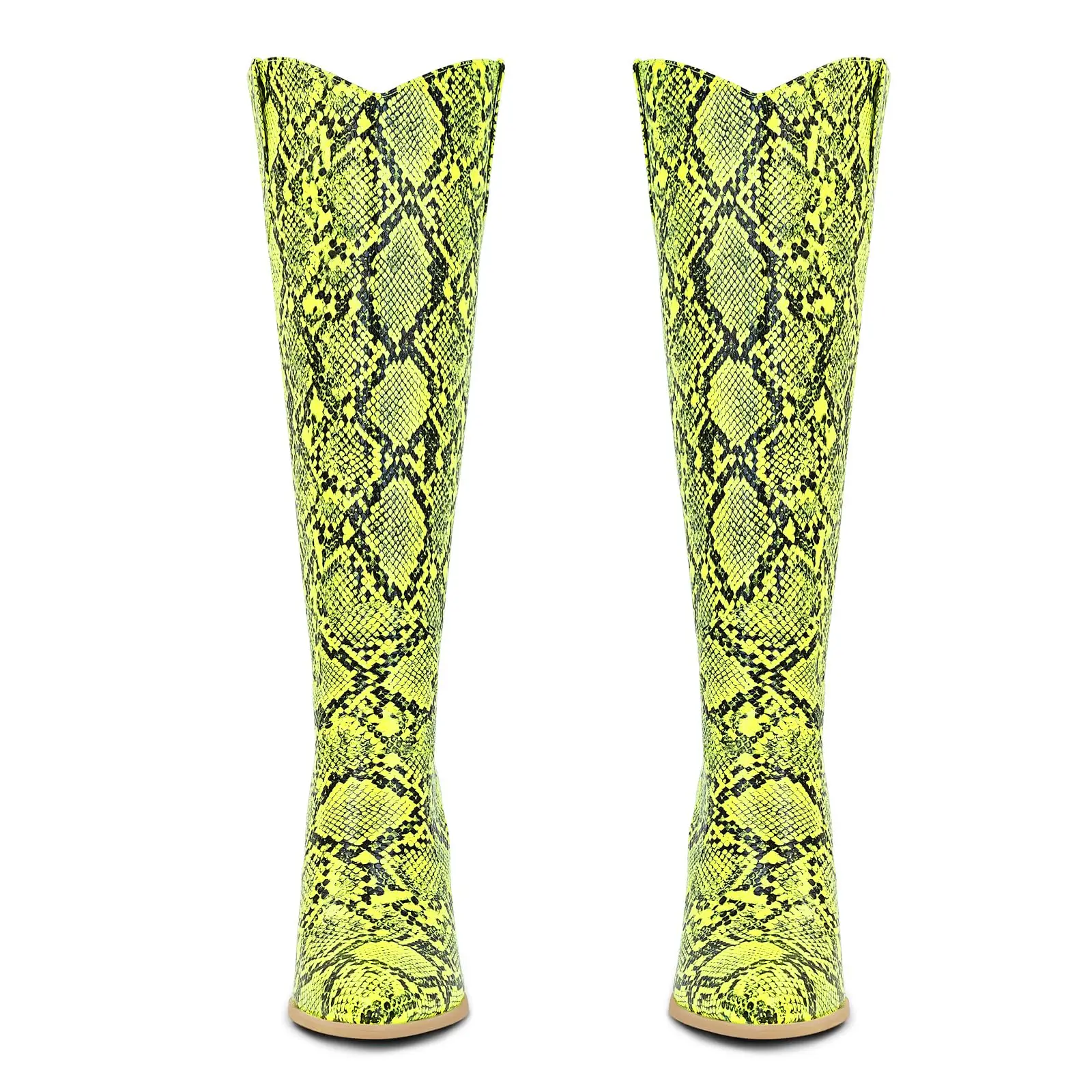 Women Western Snake Print Snakeskin Chunky Heel Pointed Toe Knee High Cowgirl Cowboy Boots