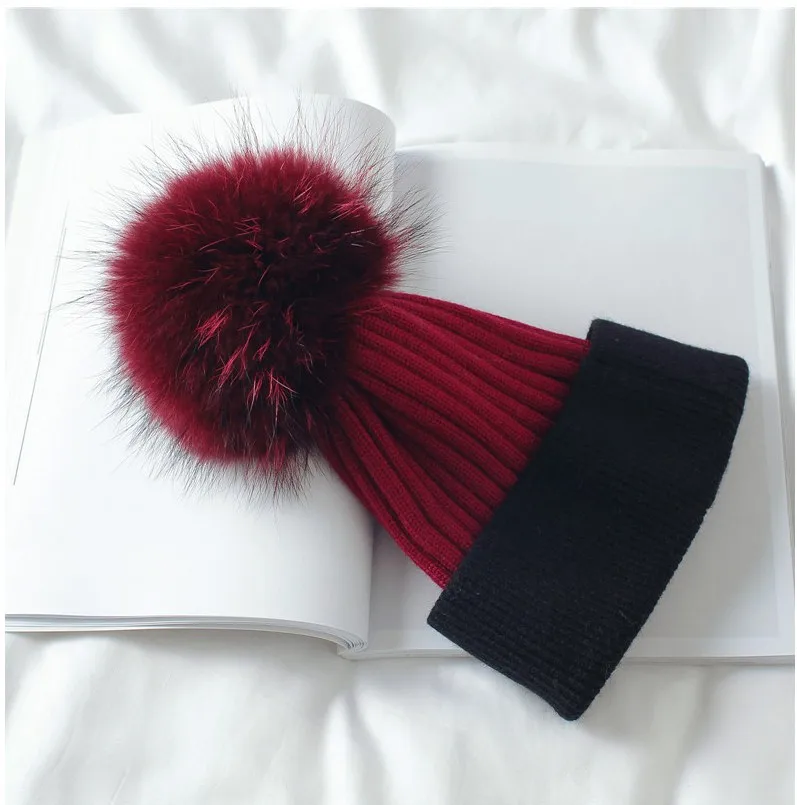 
Winter Beanie Hats With Fox Ball Fashion Hat For Women Big Ball Two Color Stripe Knit Hat 