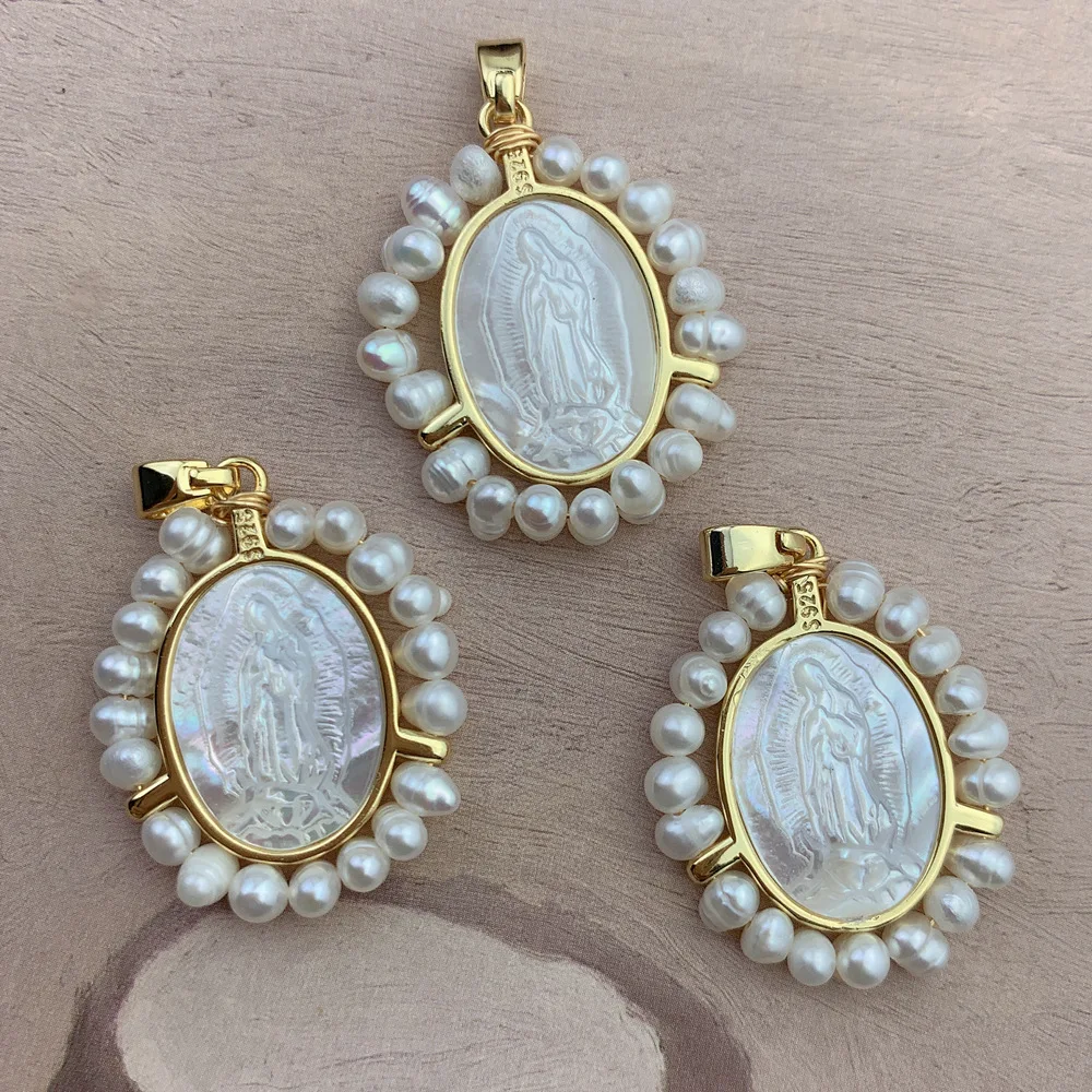 Holy Guadalupe Virgin Mary Necklace Natural Freshwater Pearl MOP Shell Cameo Oval Medal Pendant Jewelry