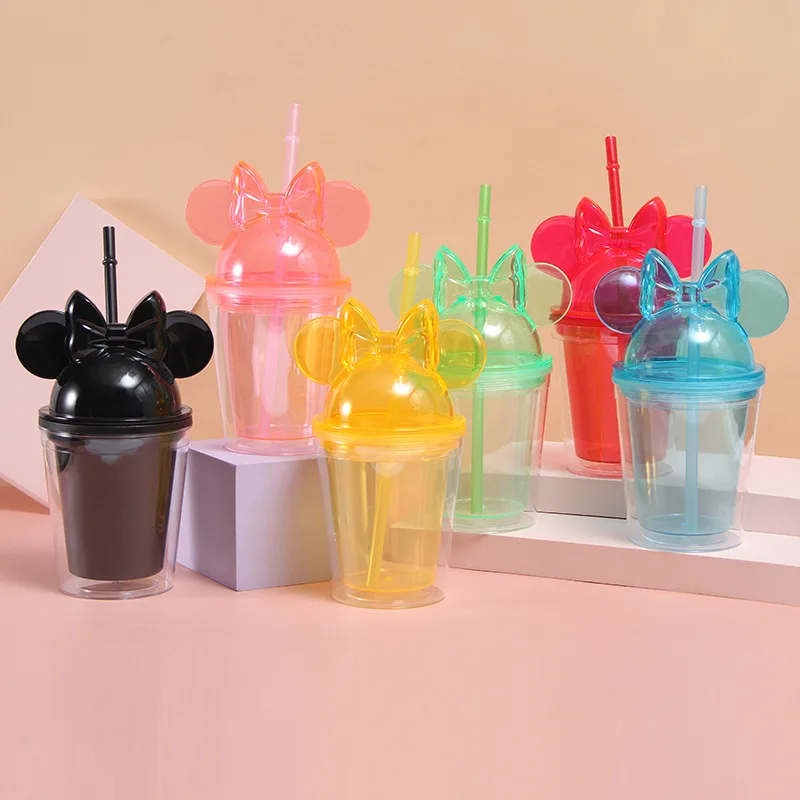 GXP Wholesale Custom Clear Plastic Kids Cups 12oz 16oz Double Walled Acrylic Cartoon Mouse Ears Tumblers With Lids And Straw