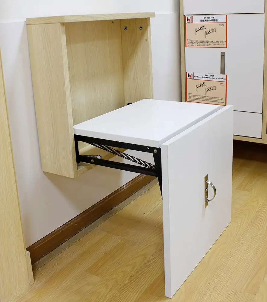 Hidden Pull Down Stool Mechanism for Shoe Rack Cabinet