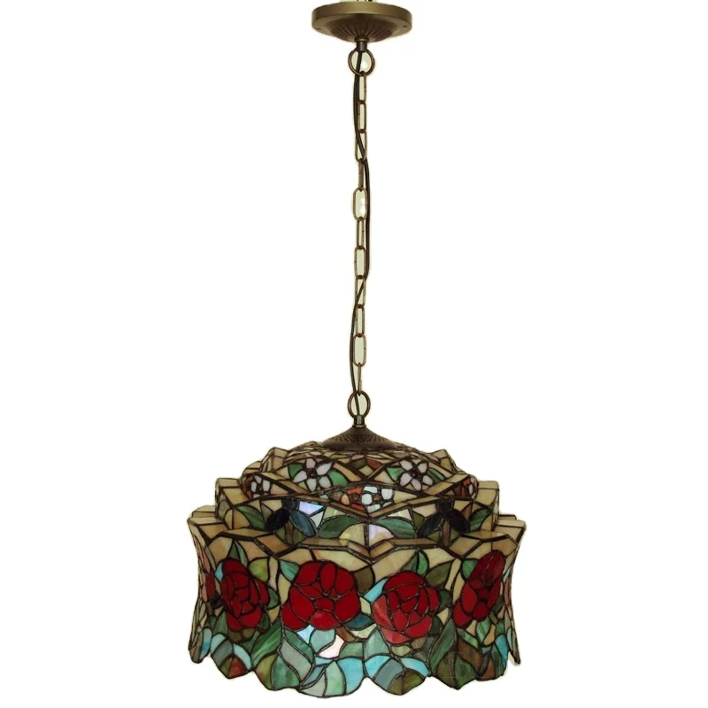 Roses Pastoral European and American Retro Color Church Glass Hand Cut Welding Art Downward Tiffany Chandelier