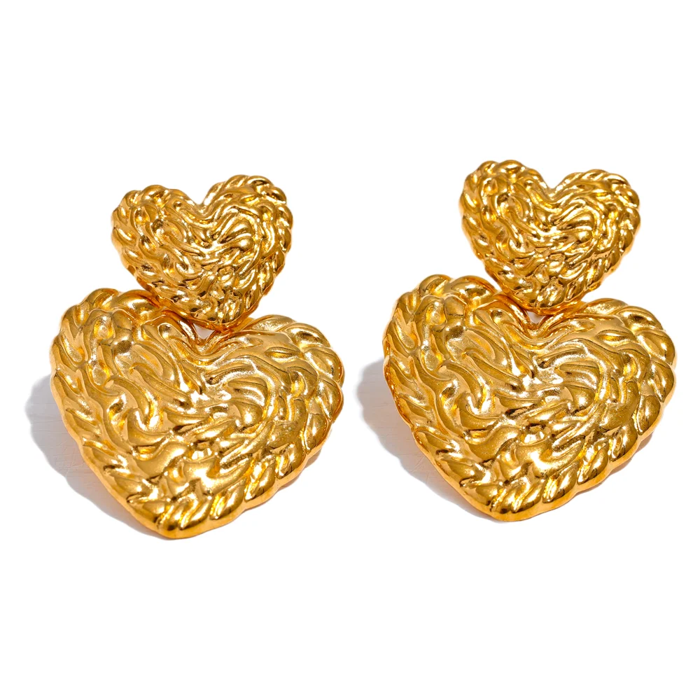JINYOU 409 Stainless Steel 2023 Double Heart Love Drop Earrings 18K Plated Texture Titanium Statement Ear Jewelry Women Gift