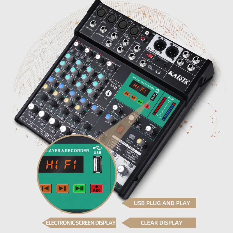 KAIKA AR8- 5 The new 4-channel stereo mixer has built-in digital 8 DPS effect. Audio mixer with silent mode and USB interface