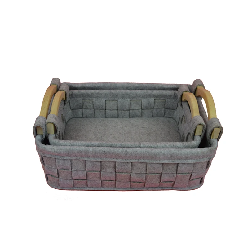 Custom Size Hand Woven Home Felt Storage Bag Basket With Wooden Handle