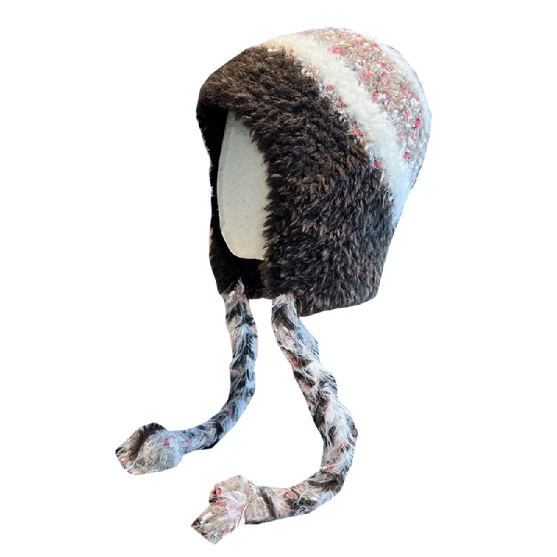 Striped Pattern Knitted Plush Beanie Cap Warm Thickened Women Hat Lady Beanie