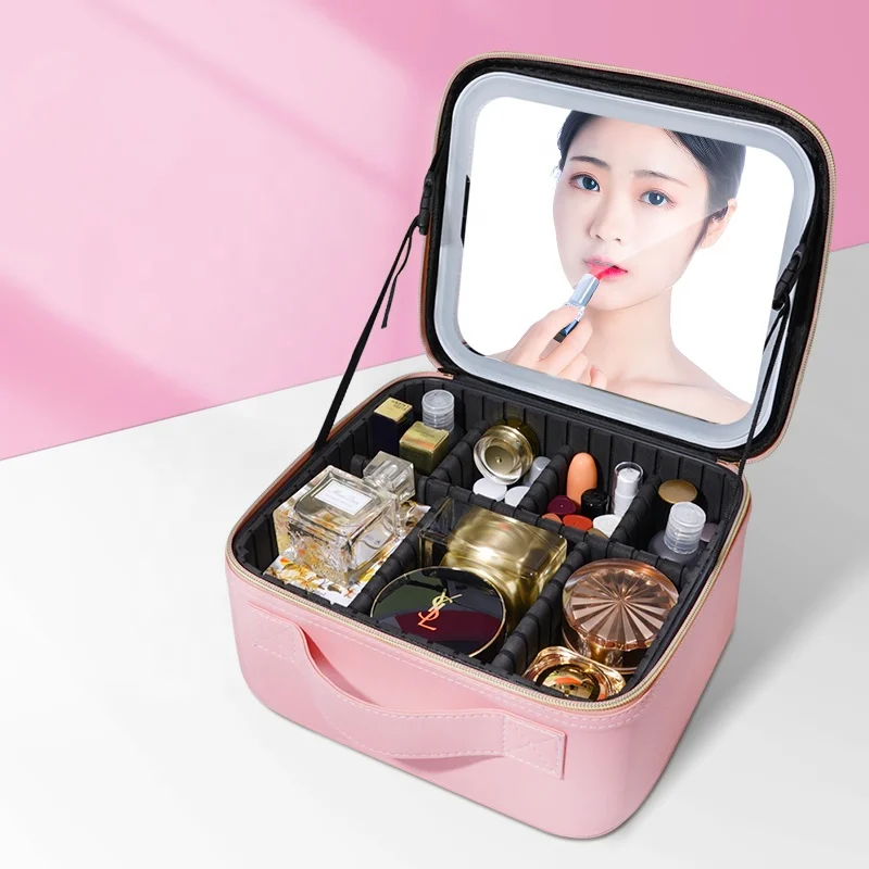 Custom Logo Large Capacity Desktop Cosmetic Storage Box Waterproof PU Travel Portable Makeup Bag Case With LED Light Mirror