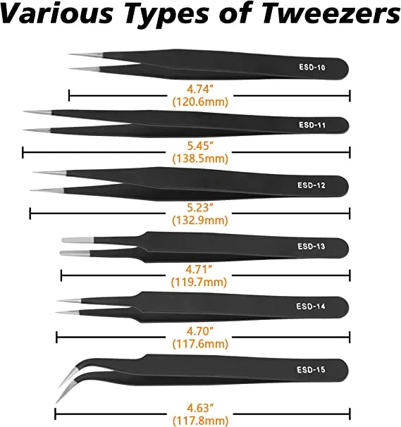 9PCS Black ESD Stainless Steel Tweezers Kit Precision Anti-static Maintenance Tools for Electronics Jewelry Phone Repairing