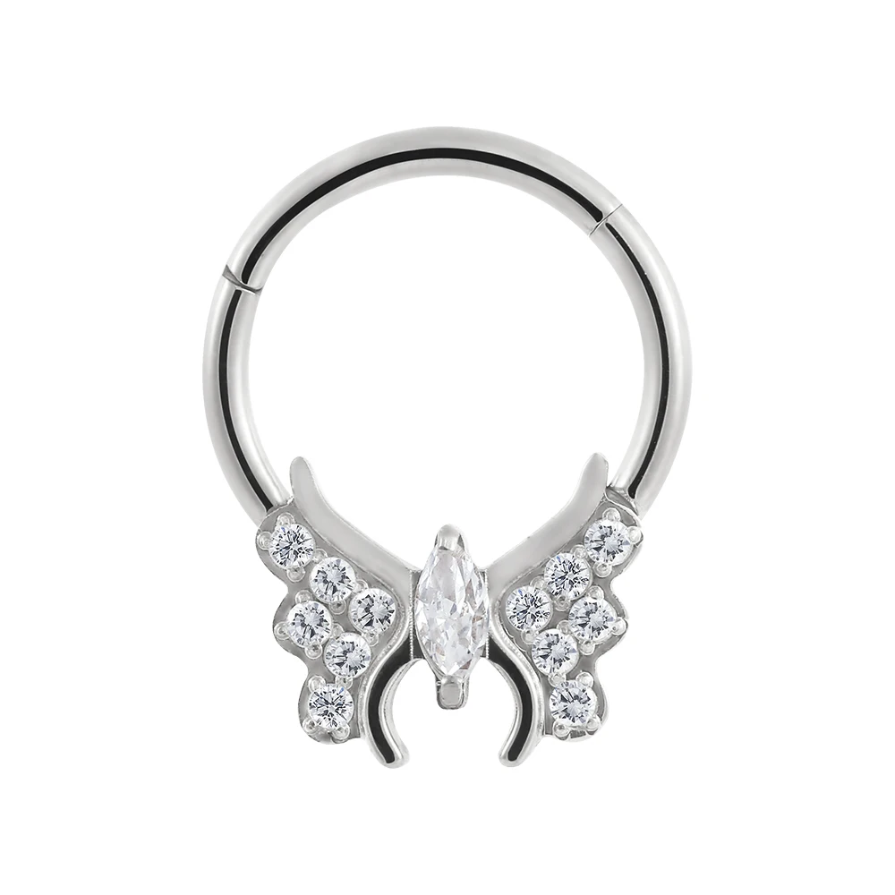 Superstar titanium septum welded butterfly both sides wings zircon marquise shape nose segment ring clicker piercing jewelry