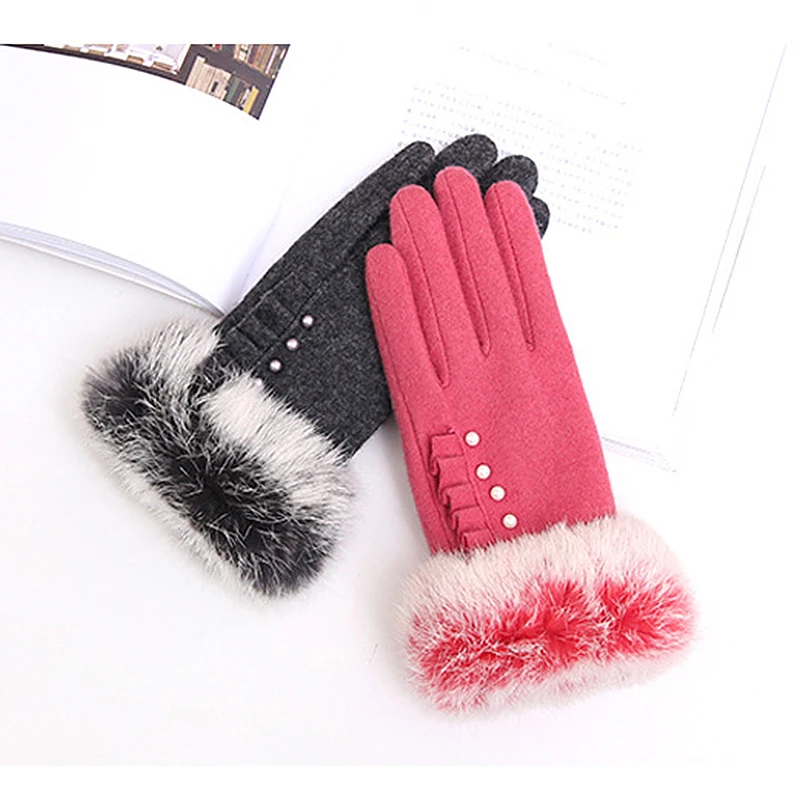 Custom Fashion Colorful Fluffy Rabbit Fur Cuff Gloves for Ladies Winter Woolen Warm Gloves for Women with Custom Label