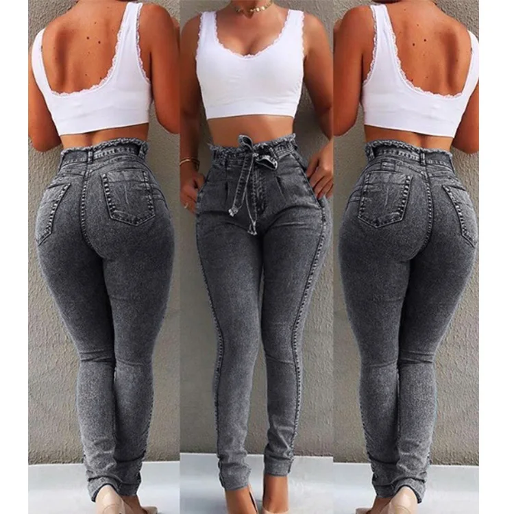 YQY692 Best-Selling Denim Jeans Pants Slim Fit Elastic High Waist Jeans Pants For Women With Tassel Belt