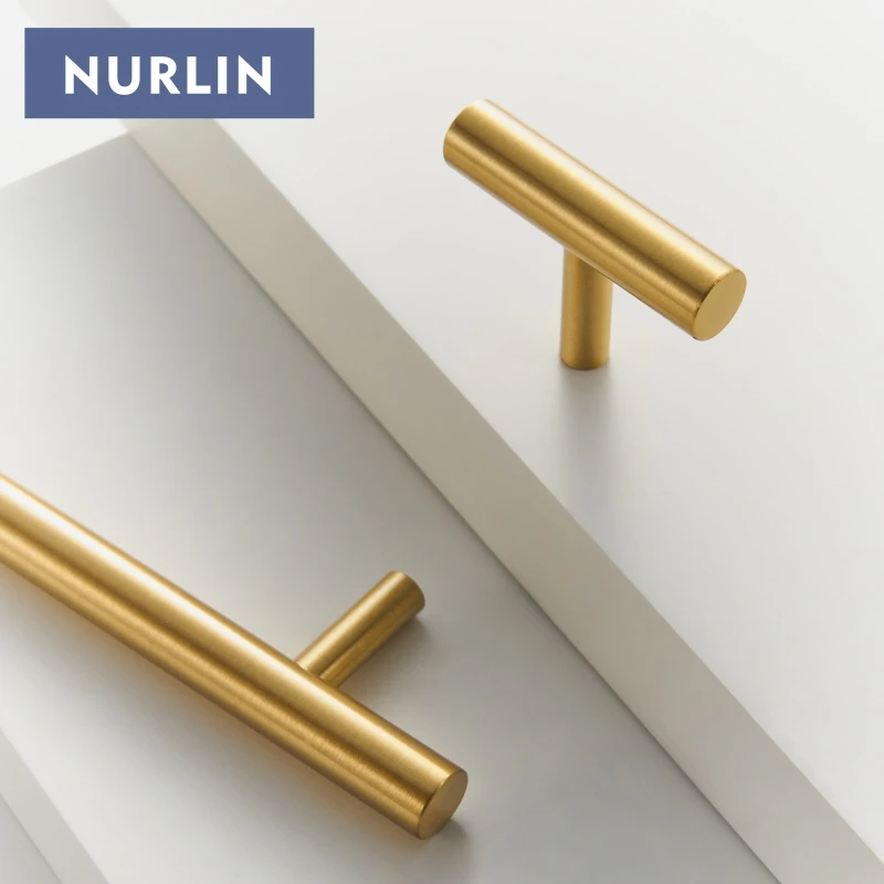 Nurlin, цельный латунный круглый стержень, Т-образная ручка для шкафа, удлиненный длинный шкаф, ящик для холодильника, дверная ручка для мебели