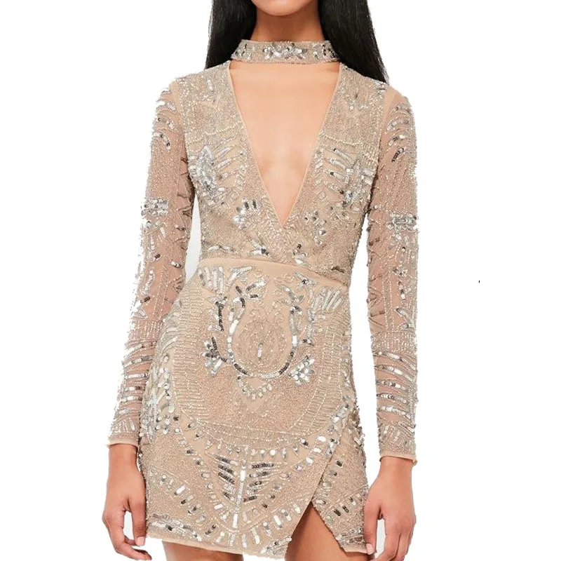 Silver choker neck embellished dress Lady slim fit party dress