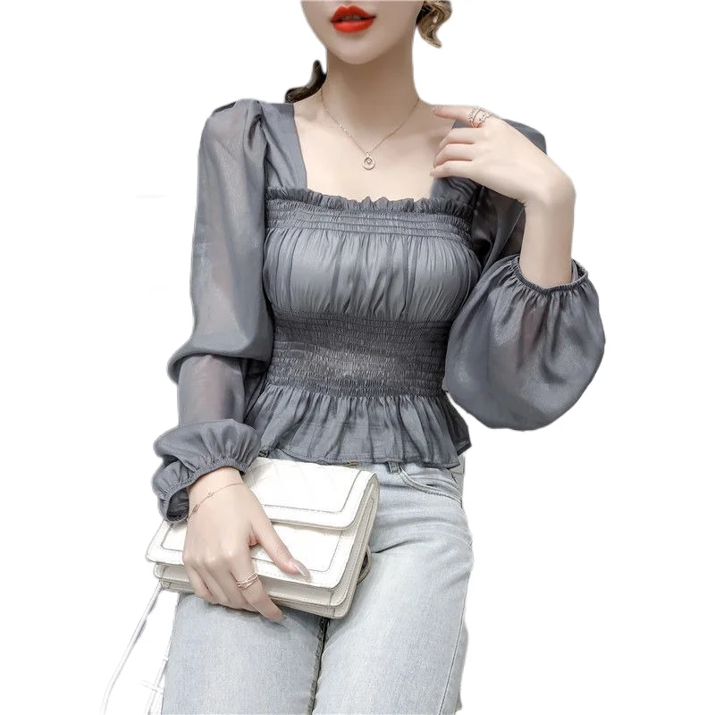 Новинка, модная дешевая элегантная белая рубашка P025 с длинным рукавом, квадратным воротником и деревянными ушками, топы, женские блузки и рубашки