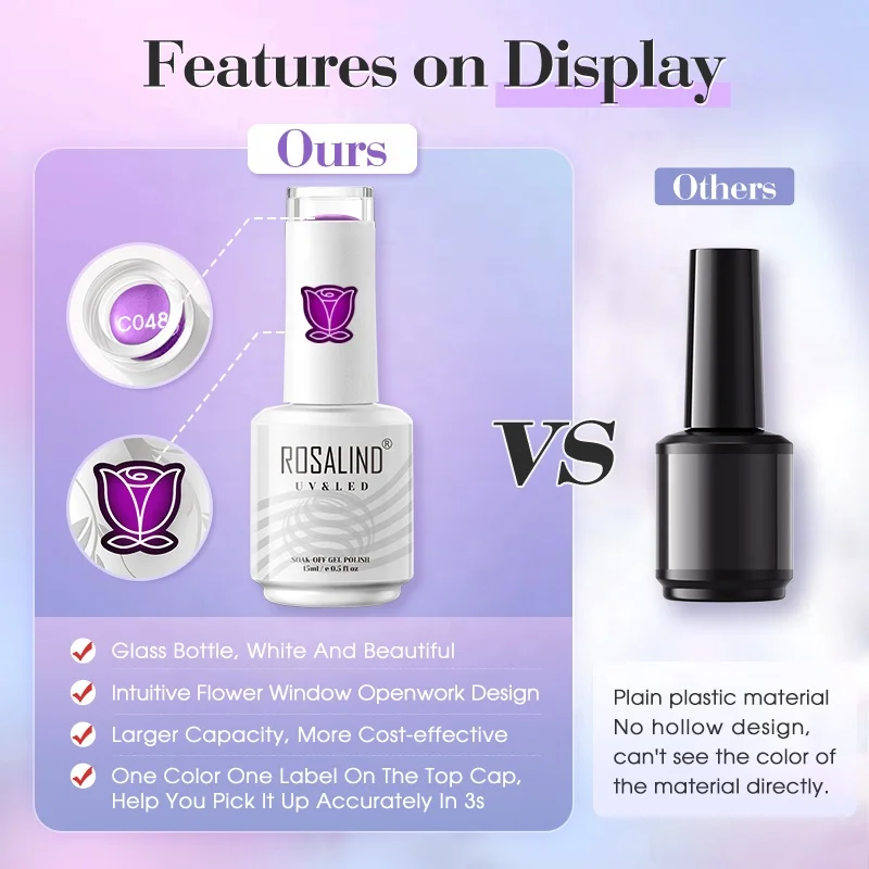 Rosalind professional nail supplies 15ml customized long lasting soak off pure vegan organic colour uv led nails gel polish