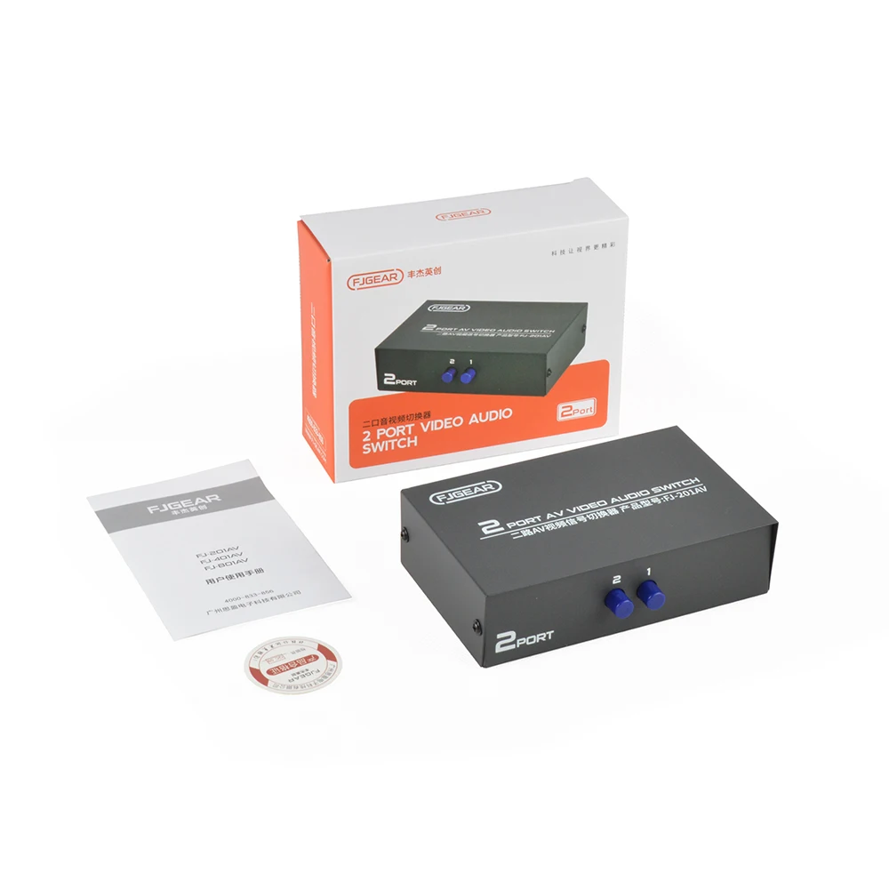 FJ-201AV FJGEAR Plug and play 2 Port AV Video Audio Switch 2 in 1 out AV Switch support bandwidth 250mhz two way switch