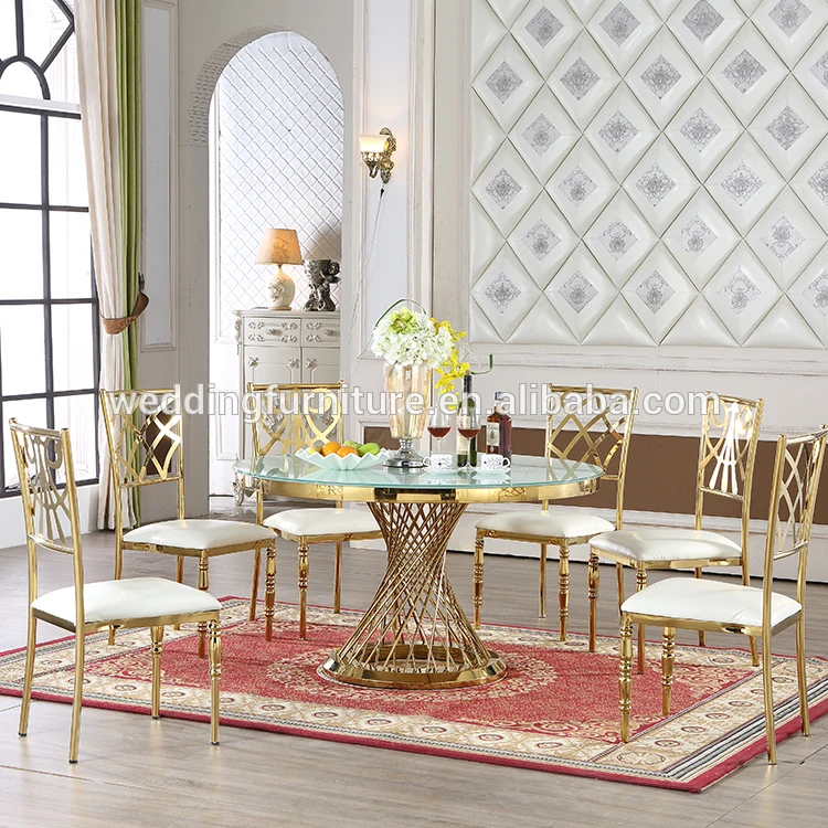 
White mirrored glass dining table metal round table and chair set 