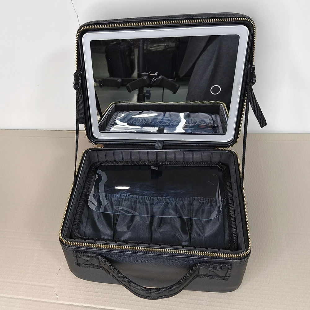 Travel Makeup Bag with LED Cosmetic Mirror Portable Adjustable Light Table Mirror Train Case Organizer with Adjustable Dividers