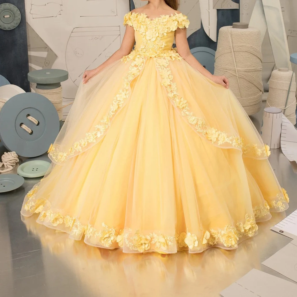 Off The Shoulder Appliques Pageant Gowns First Communion Dresses For Kids Party Dress Yellow Flower Girl Dresses For Wedding