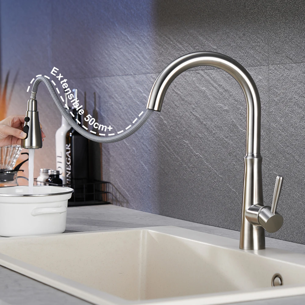 Modern Kitchen Faucet Long Goose Neck Ceramic Cartridge Stainless Steel Kitchen Tap Pull Down Kitchen Sink Faucet
