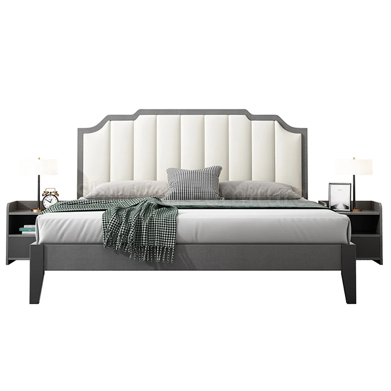 
Wholesale Pine Solid Wooden Frame Double Bed Tan Grey Leather Bed for Single Designs Home Bedroom Furniture 