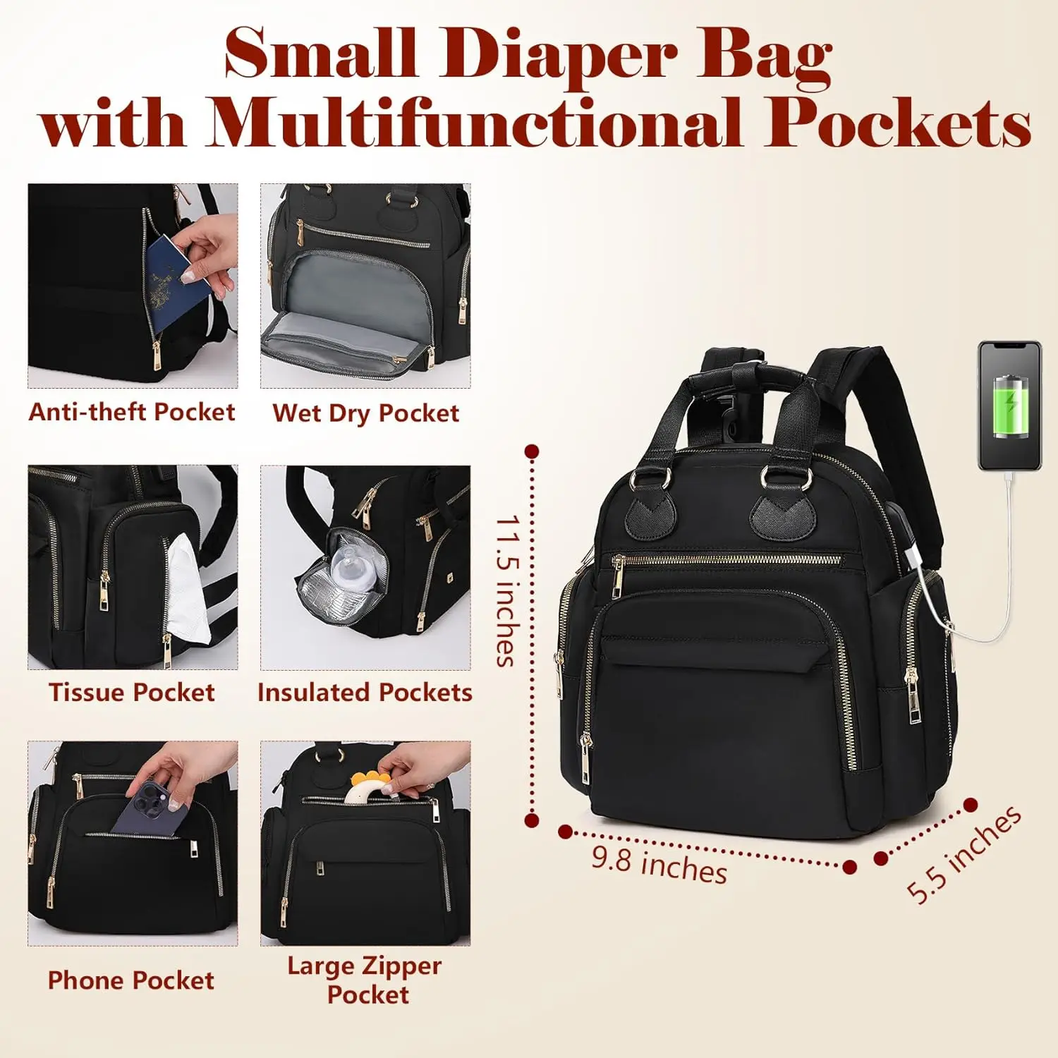 Mini Cute Mommy Travel Bag with USB Charging Port Wet Dry Bag Stroller Clips Insulated Pockets Small Baby Nappy Diaper Backpack