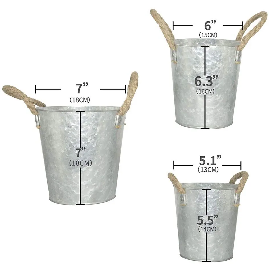 Bulk Wholesale Galvanized Flower Pot Farmhouse Buckets with Rope Handle Set of 3 manufacture