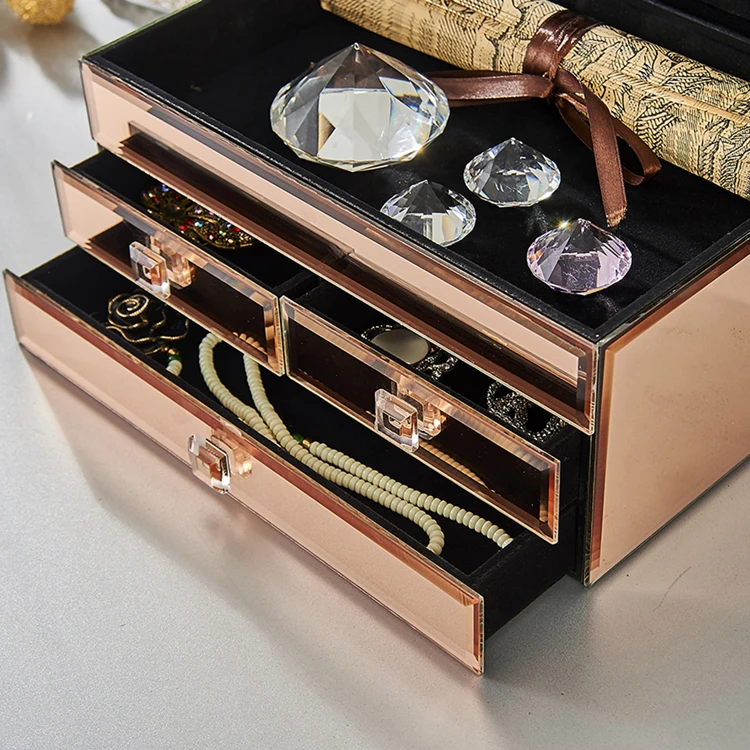Customized handmade decorative mirror jewelry box glass rose gold jewellery box