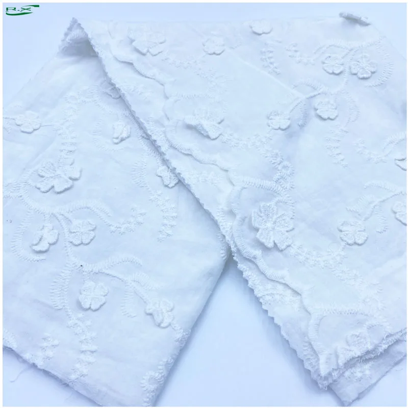 Custom wholesale high quality 100% white cotton voile 3d embroidery fabric for t-shirt