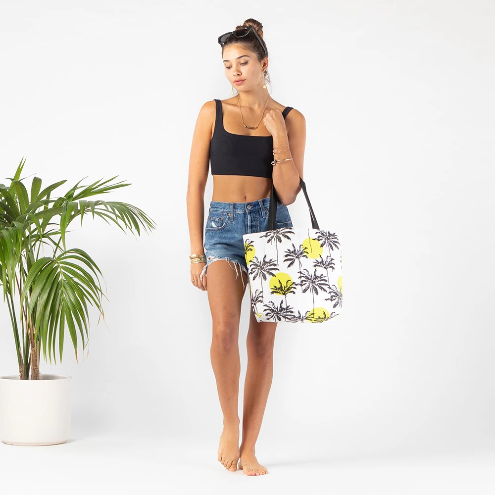 Custom coconut tree black printing large Reversible tote tyvek shopper beach tote, OEM ODM tyvek bag waterproof