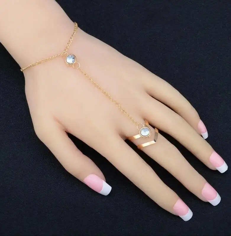 Zircon Slave Bracelets with Ring Adjustable Hand Jewelry Women Gold Plated Gemstone CZ Stone Hand Chain Bracelet