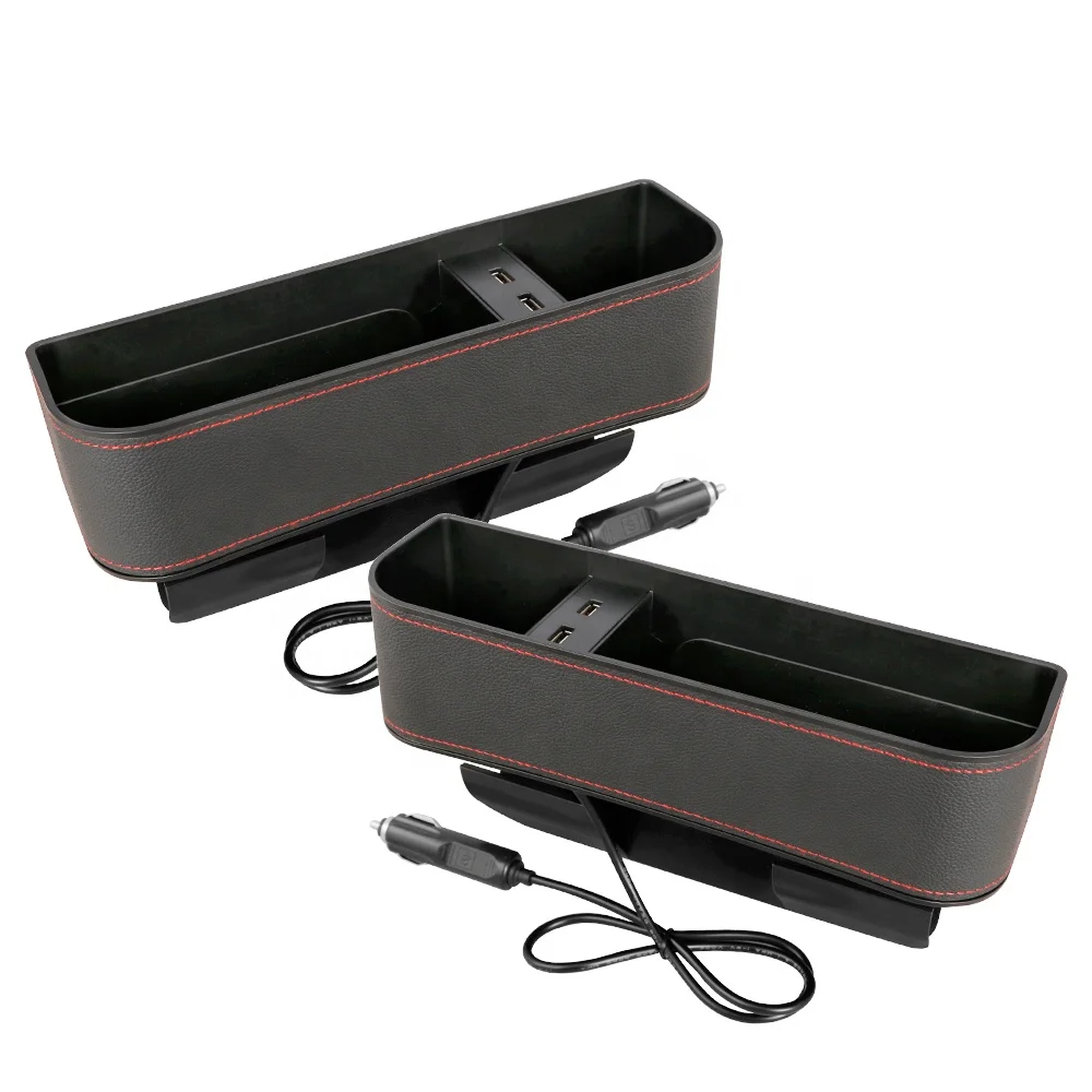 Leather Car Seat Side Gap Organizer Box with Dual USB Interface and Cup Holder