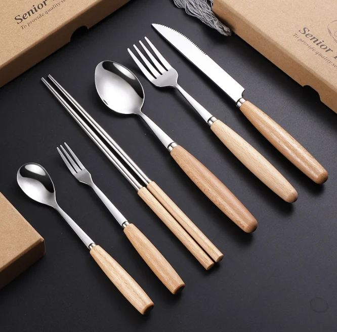 
XINCHU 4pcs Stainless Steel Wooden Handle Including Knife Fork Spoon 