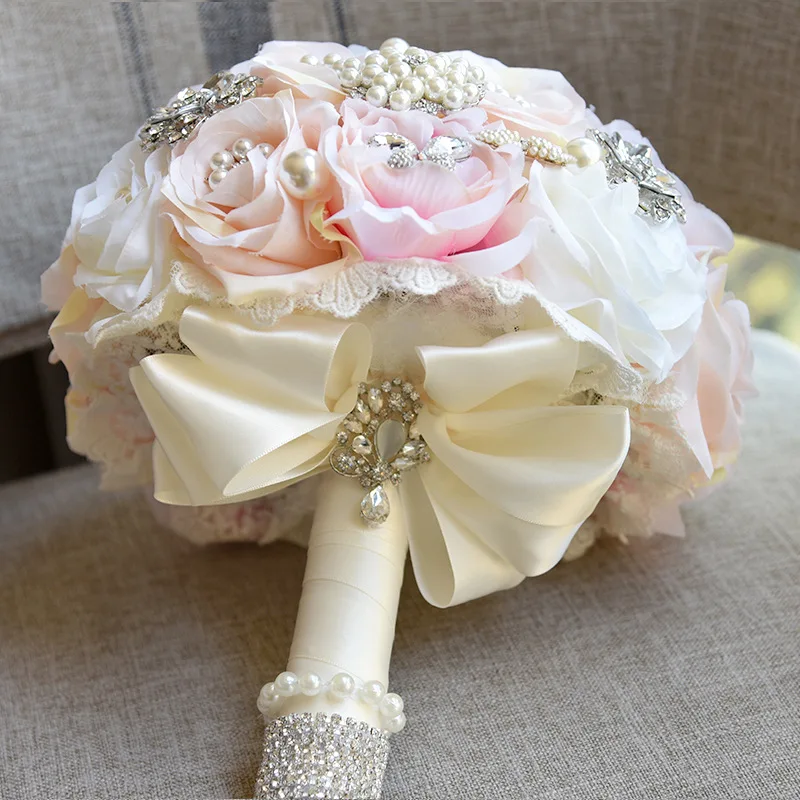 Gorgeous Satin Roses Crystals Embellished Artificial Flowers Bridal Wedding Bouquet