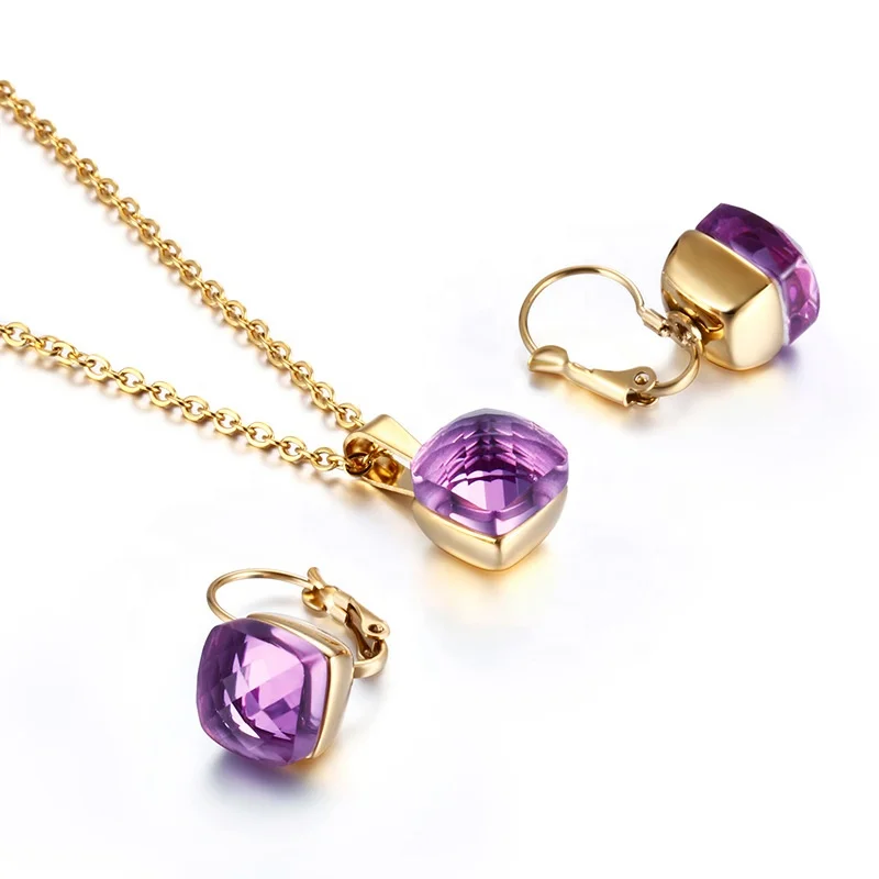 Crystal Glass Stone Necklace Earring Jewelry Set Stainless Steel Women Engagement Wedding Jewelry Set Gift