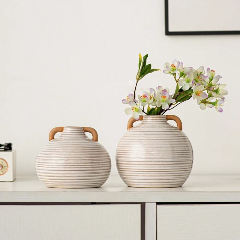 2024 New Rustic Dual Ear Horizontal Ripple Ceramic Vase Flower Vase Table Vase