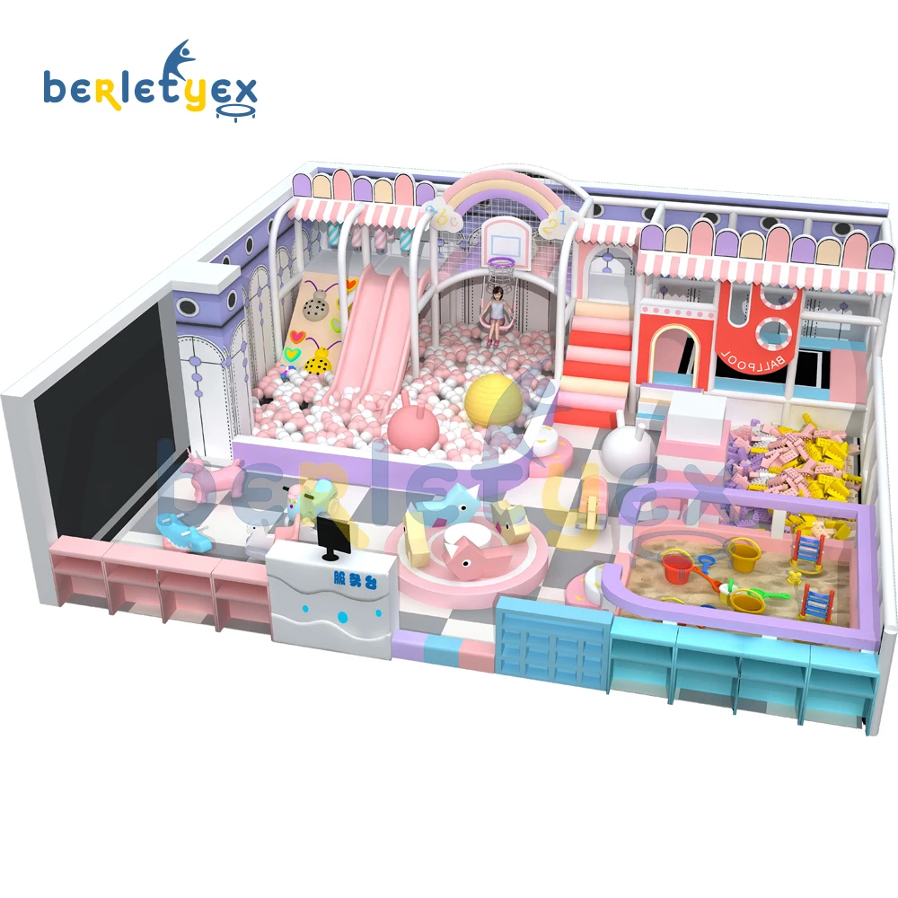 Kids indoor playground castle with tube slide equipment climbing frame commercial sand pool children playground 60 square meters