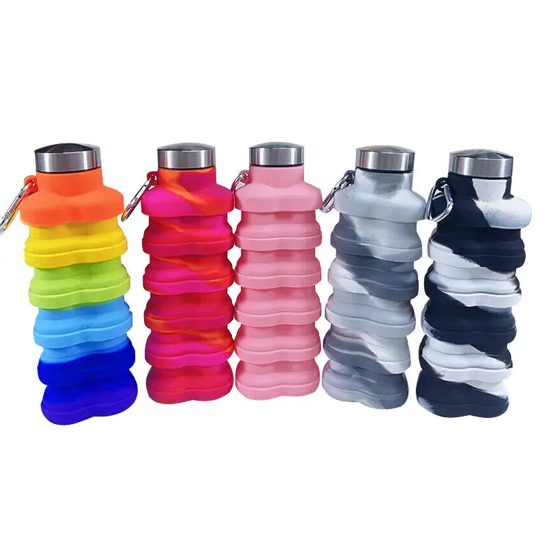 Wholesale Custom Foldable Travel Bottles Outdoor Sport Portable Folding Silicon Drinking Silicone Water Bottle with Handle