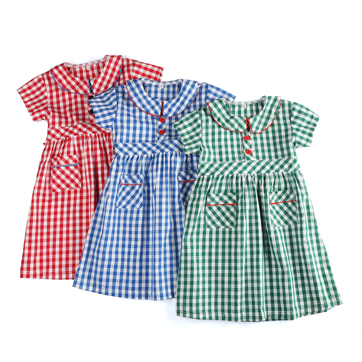 2022 New design summer 100% cotton  mini pocket children clothing woven plaid frocks for girls kids dresses