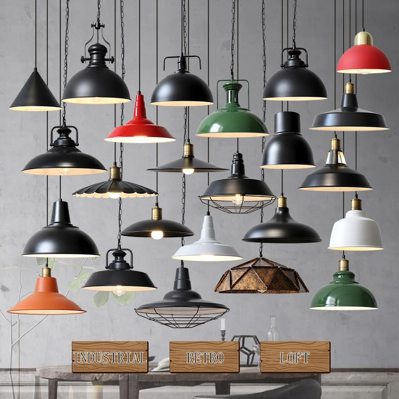Винтажная металлическая люстра в стиле индастриал, подвесной светильник в стиле лофт, железный Ретро подвесной светильник черного, зеленого, белого, красного цветов для ресторана