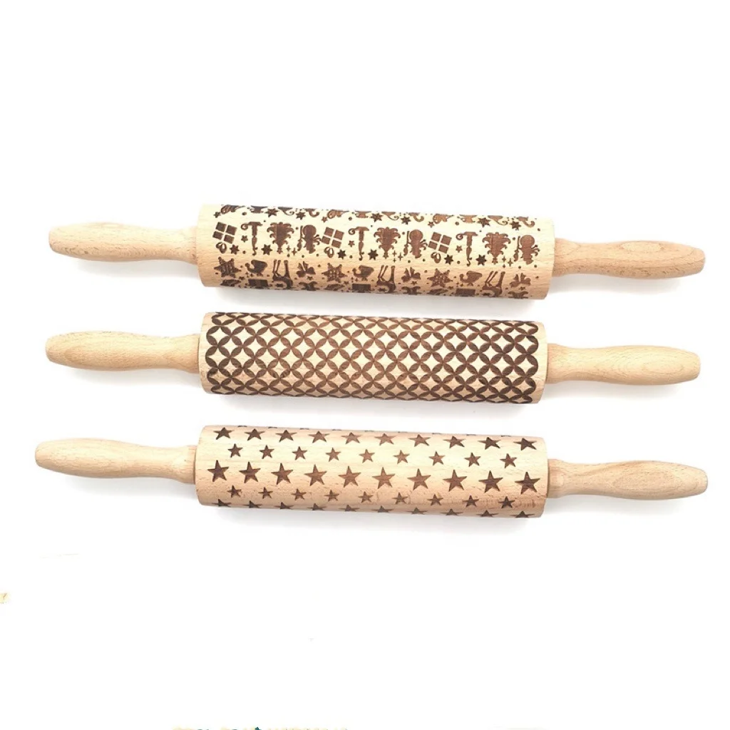 Embossed Engraved Wooden Rolling Pin DIY Manual Baking Tool Christmas Elk Snowflake Pattern Rolling Pin