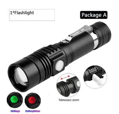 3 Modes Zoomable Skid-proof Aluminium 2000mah 10w T6 Waterproof Flash Light Usb Rechargeable Led Tactical Flashlight with Clip