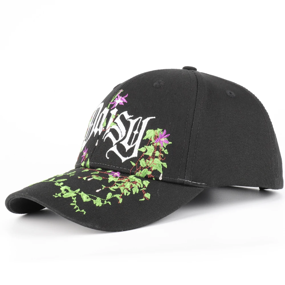 Wholesale Manufacturer Summer Cotton Hat Twill Custom Embroidered Flower Black Baseball Cap