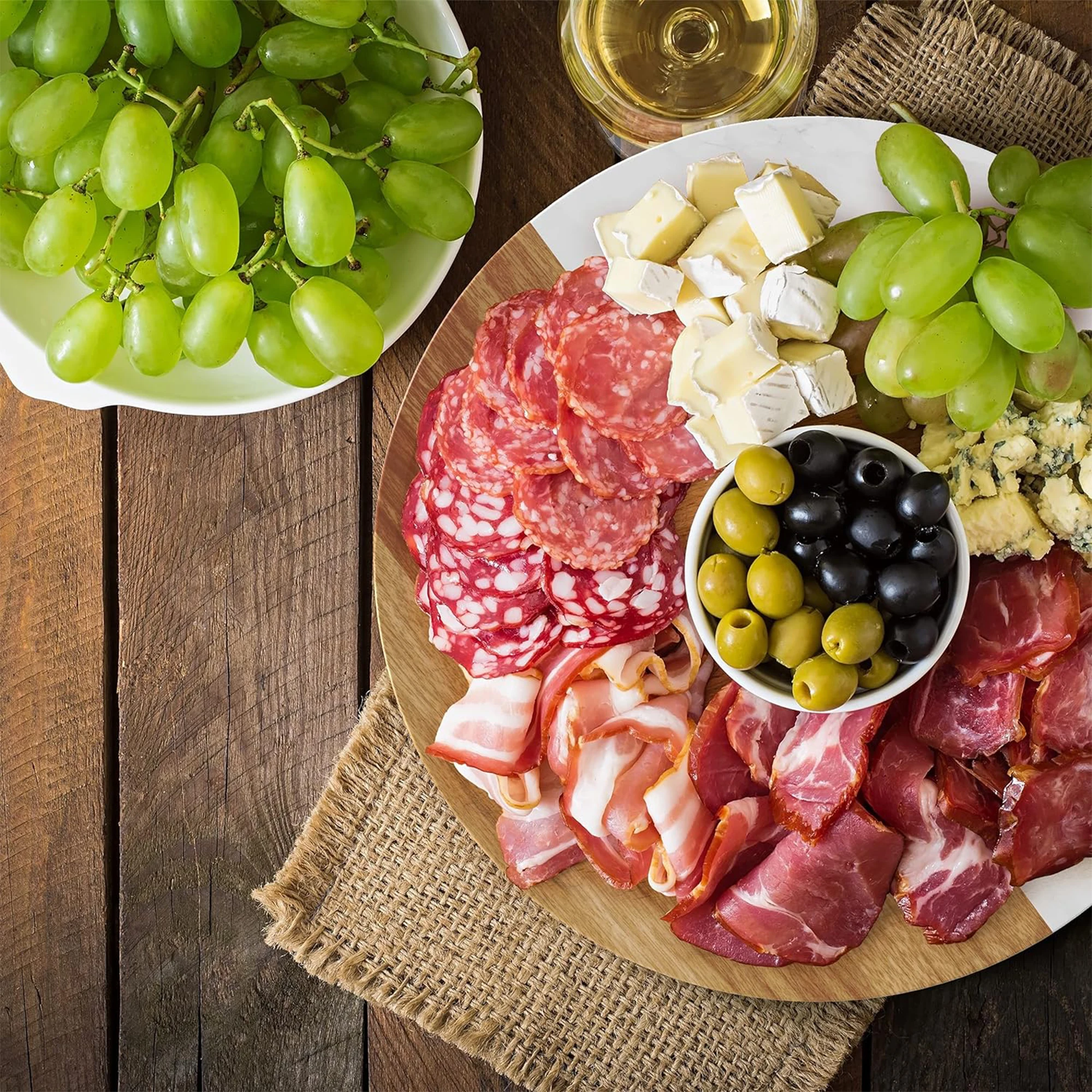 Wholesale 12inch Round Marble Wood Cutting Block Meat Cheese Fruit Vegetables Kitchen Bamboo Chopping Board With Hang Hole