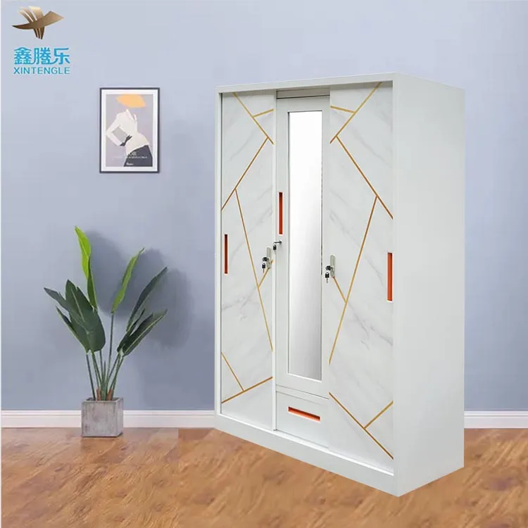 Multifunctional Steel Clothes Cabinet Bedroom Wardrobe with Sliding Door Mirror Drawer-Wardrobe Designs General Furniture Use